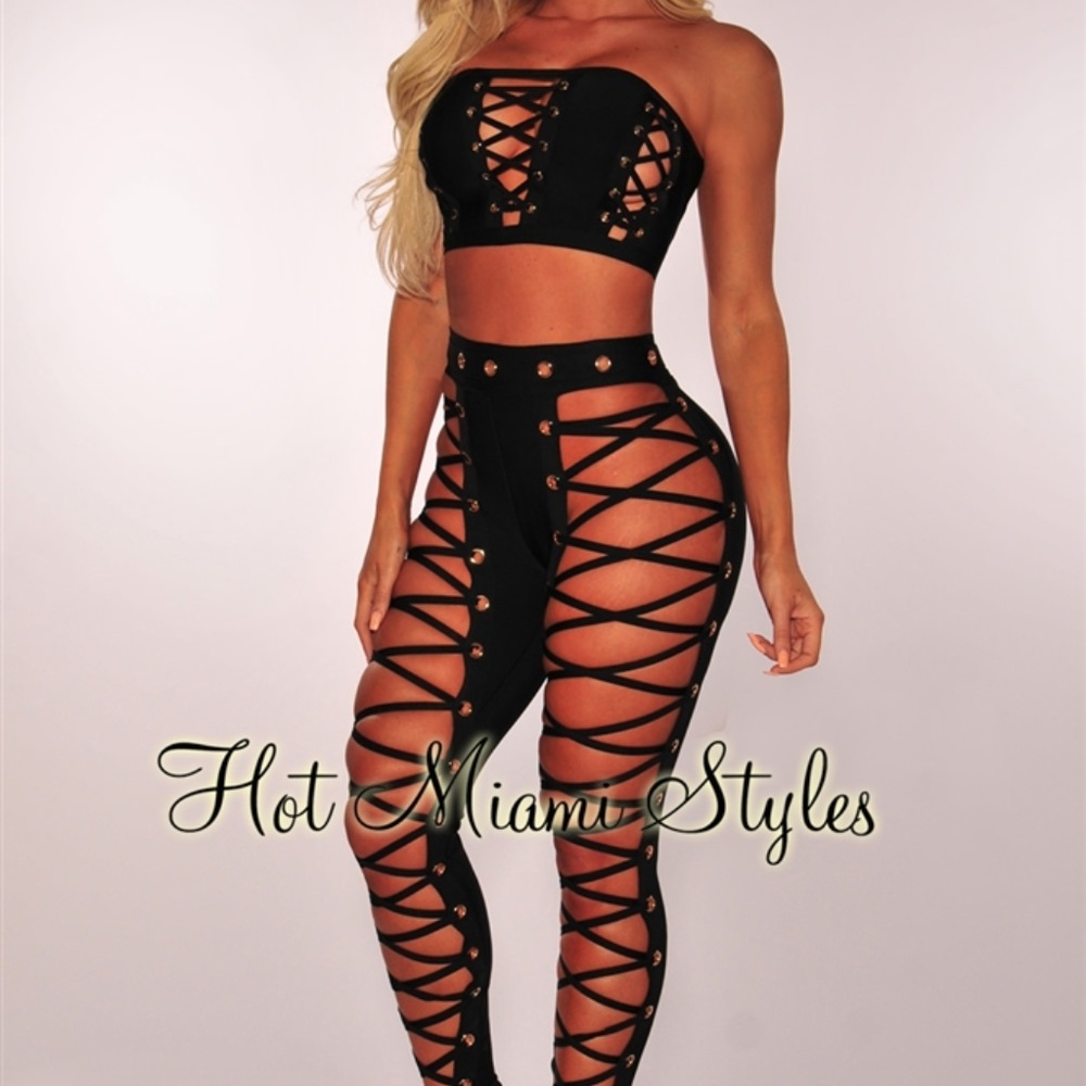 Black Bandage Lace Up Slit Pants and Top